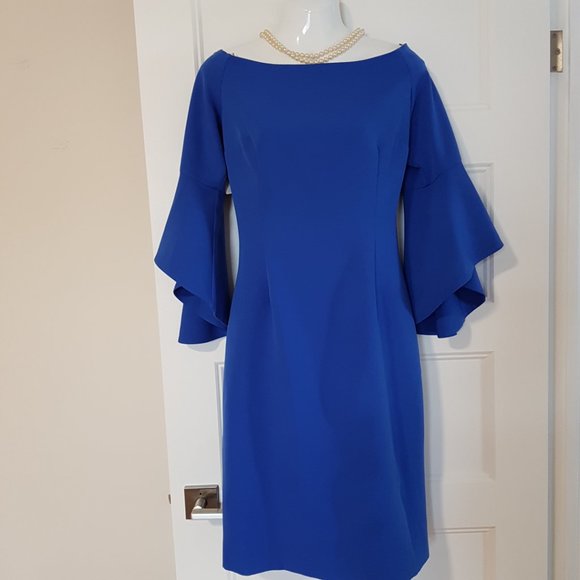 OLIMARA Blue Classy Cocktail Dress with 3/4 Bell sleeves, Made in Spain, sz 8/10 - Picture 2 of 11